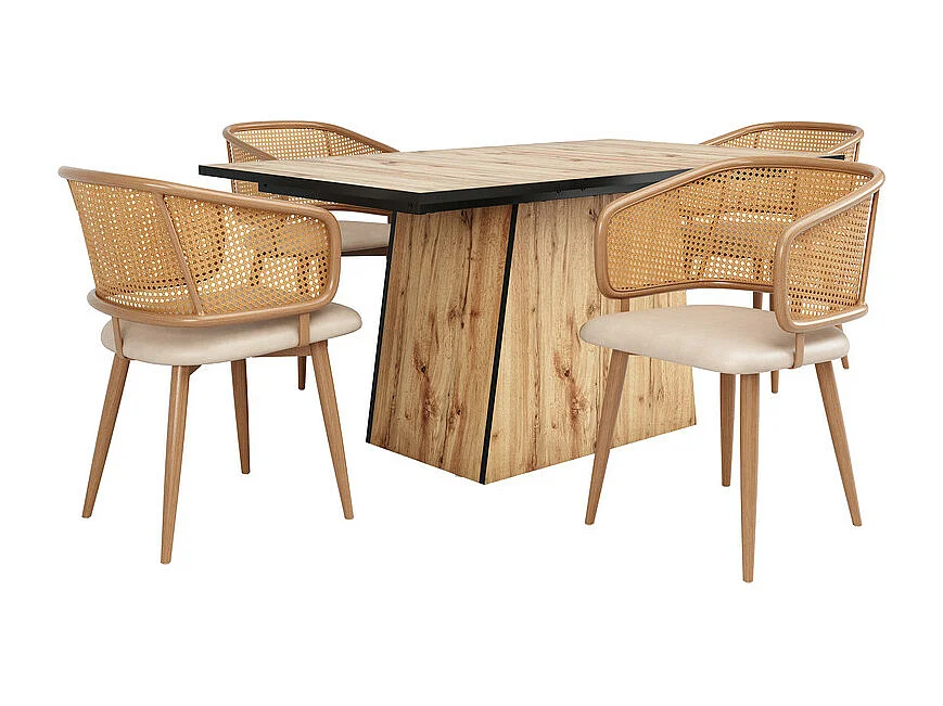 Ensemble table à manger + 4 chaises en rotin et velours, Beige