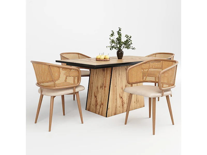 Ensemble table à manger + 4 chaises en rotin et velours, Beige