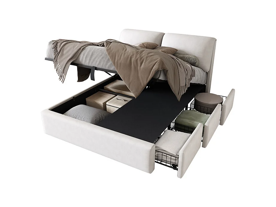 Cama baú em veludo branco, 140 x 200 cm, com 3 gavetas e cabeceira ajustável, carga máx. 300kg