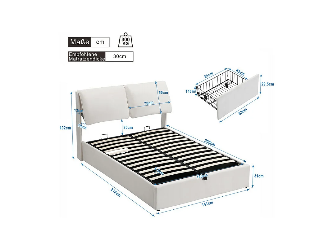 Cama baú em veludo branco, 140 x 200 cm, com 3 gavetas e cabeceira ajustável, carga máx. 300kg