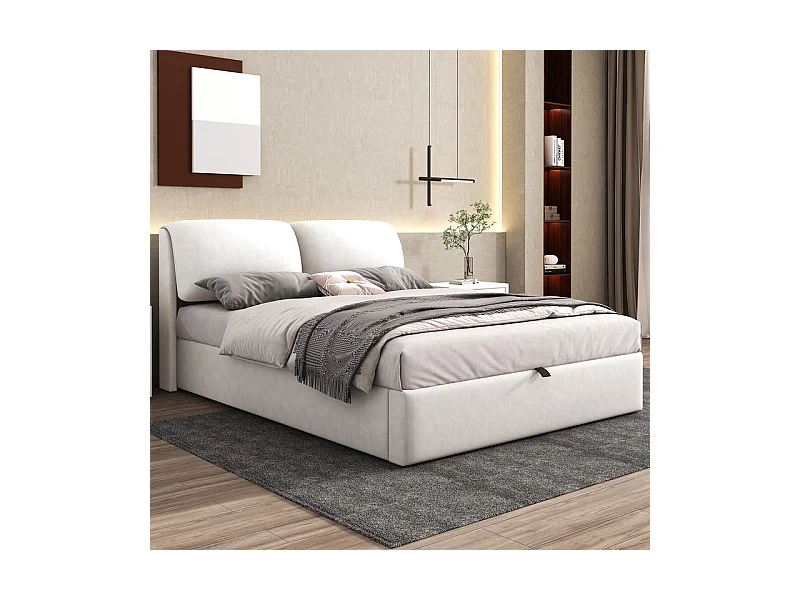 Cama baú em veludo branco, 140 x 200 cm, com 3 gavetas e cabeceira ajustável, carga máx. 300kg