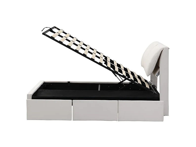 Cama baú em veludo branco, 140 x 200 cm, com 3 gavetas e cabeceira ajustável, carga máx. 300kg