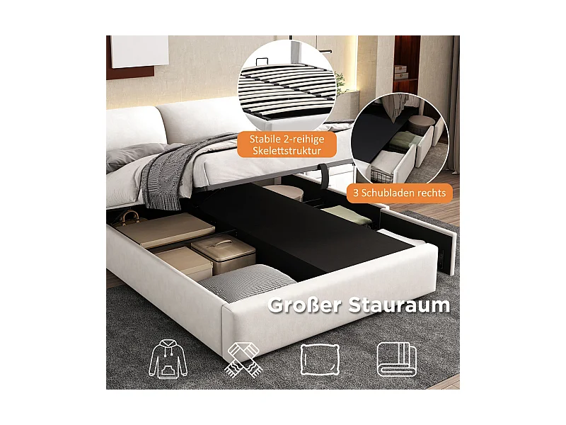 Cama baú em veludo branco, 140 x 200 cm, com 3 gavetas e cabeceira ajustável, carga máx. 300kg