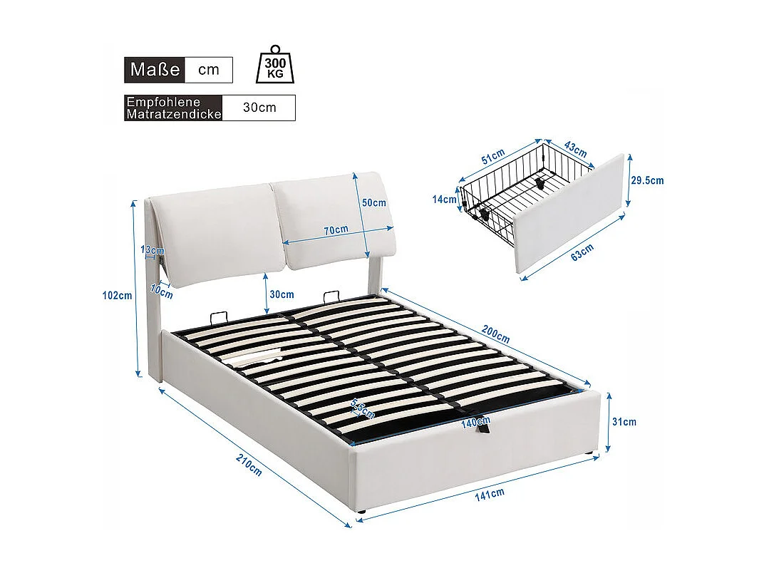 Cama nido en terciopelo blanco, 140 x 200 cm, con 3 cajones y cabecero ajustable, carga máx. 300kg