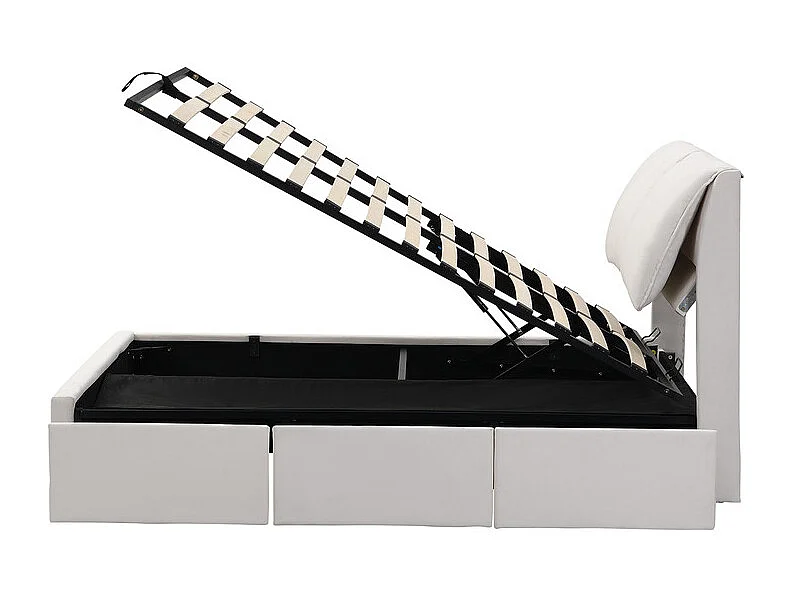 Lit coffre en velours blanc, 140 x 200 cm, avec 3 tiroirs et tête de lit réglable, charge max 300kg