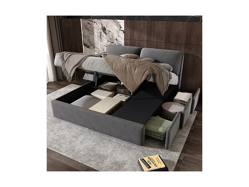 Cama baú em veludo cinza, 140 x 190 cm, com 3 gavetas e cabeceira ajustável, carga máx. 300kg
