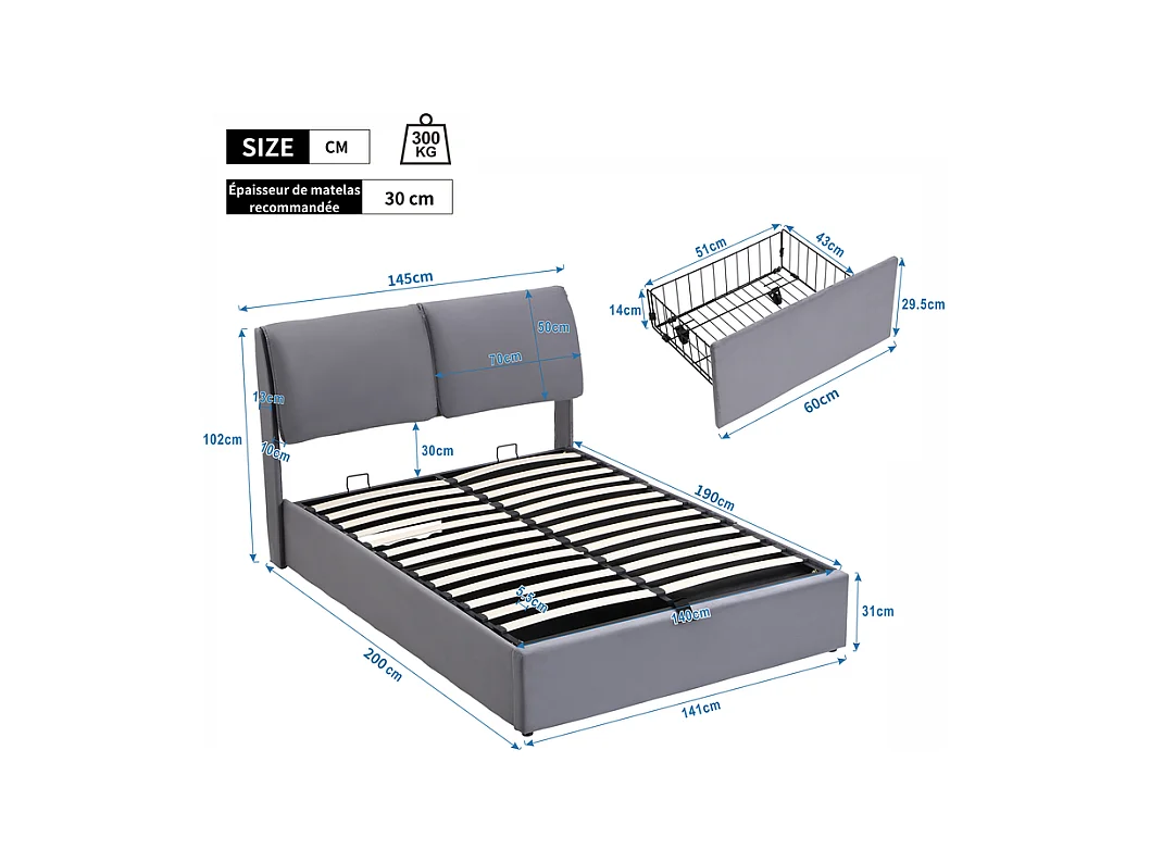 Cama baú em veludo cinza, 140 x 190 cm, com 3 gavetas e cabeceira ajustável, carga máx. 300kg