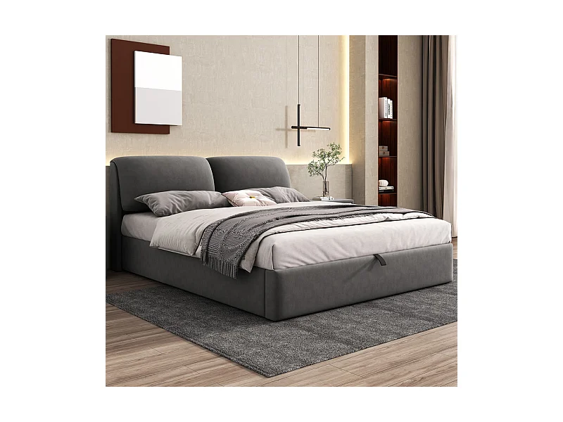 Cama baú em veludo cinza, 140 x 190 cm, com 3 gavetas e cabeceira ajustável, carga máx. 300kg