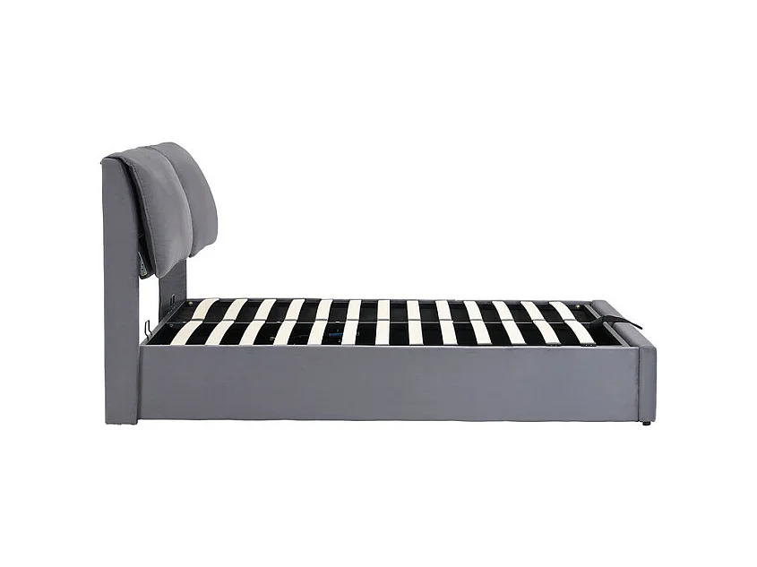 Cama baú em veludo cinza, 140 x 190 cm, com 3 gavetas e cabeceira ajustável, carga máx. 300kg