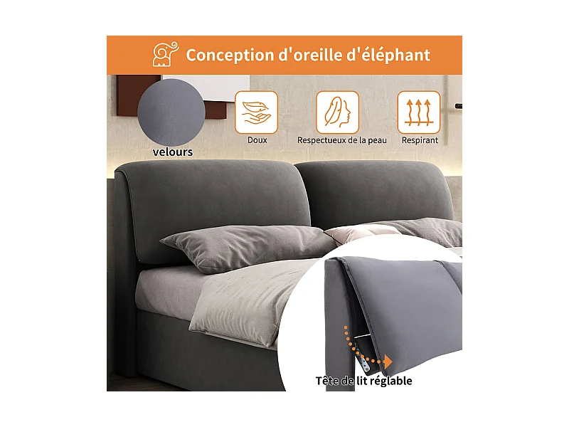 Cama baú em veludo cinza, 140 x 190 cm, com 3 gavetas e cabeceira ajustável, carga máx. 300kg