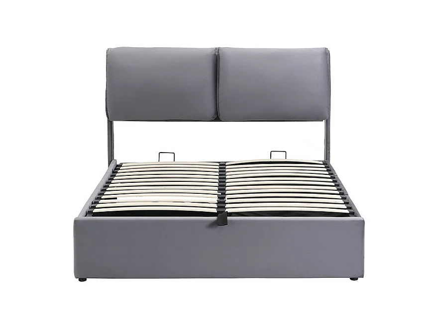 Cama baú em veludo cinza, 140 x 190 cm, com 3 gavetas e cabeceira ajustável, carga máx. 300kg