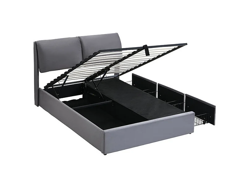 Cama baú em veludo cinza, 140 x 190 cm, com 3 gavetas e cabeceira ajustável, carga máx. 300kg