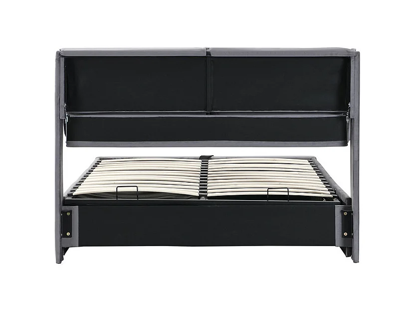 Cama baú em veludo cinza, 140 x 190 cm, com 3 gavetas e cabeceira ajustável, carga máx. 300kg