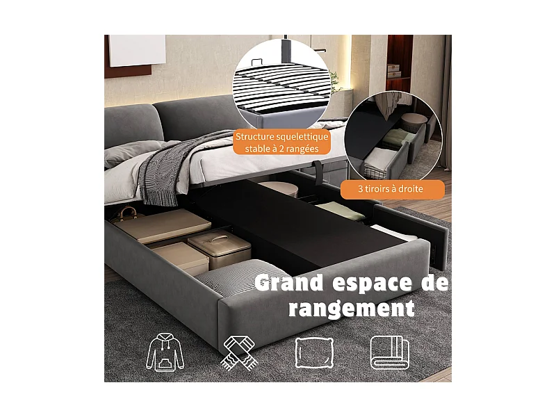 Cama baú em veludo cinza, 140 x 190 cm, com 3 gavetas e cabeceira ajustável, carga máx. 300kg