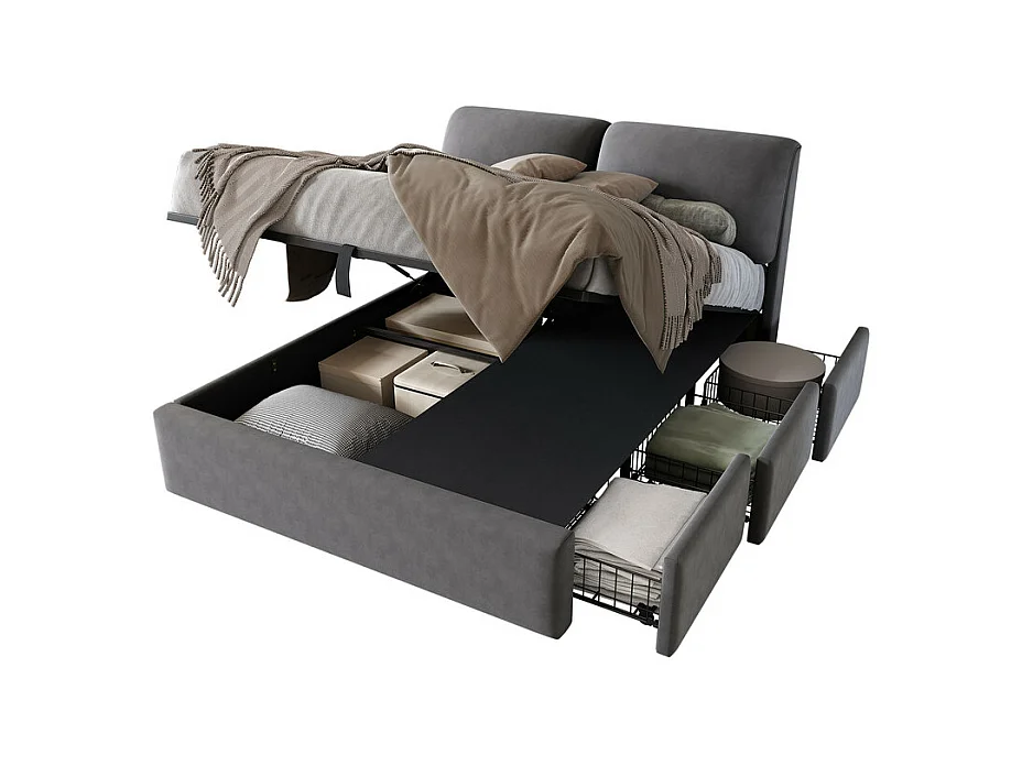 Lit coffre en velours gris, 140 x 190 cm, avec 3 tiroirs et tête de lit réglable, charge max 300kg