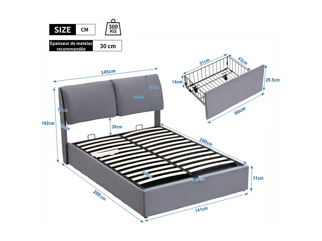 Lit coffre en velours gris, 140 x 190 cm, avec 3 tiroirs et tête de lit réglable, charge max 300kg
