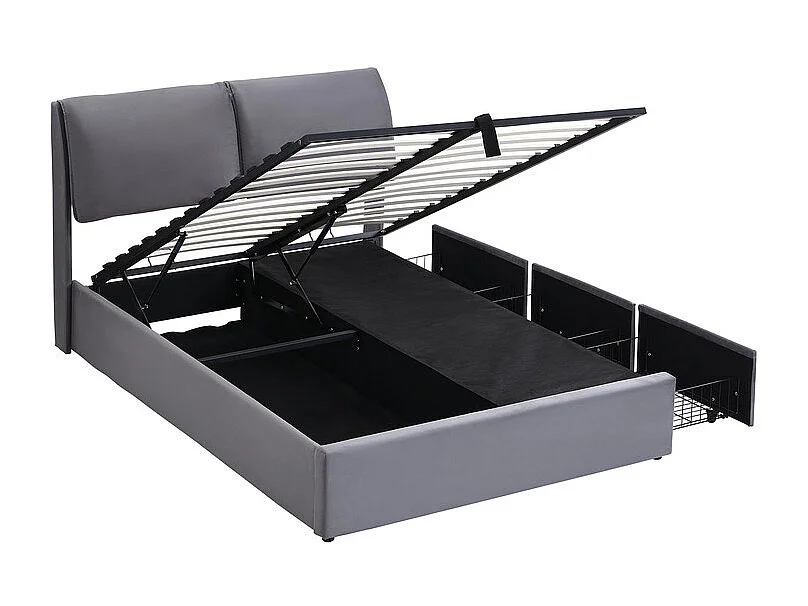 Lit coffre en velours gris, 140 x 190 cm, avec 3 tiroirs et tête de lit réglable, charge max 300kg