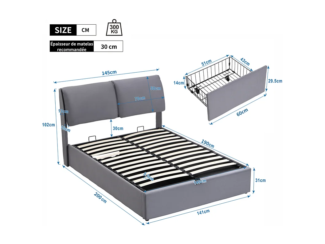 Lit coffre en velours gris, 140 x 190 cm, avec 3 tiroirs et tête de lit réglable, charge max 300kg