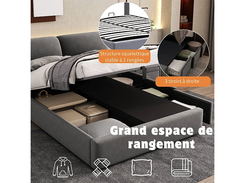 Lit coffre en velours gris, 140 x 190 cm, avec 3 tiroirs et tête de lit réglable, charge max 300kg