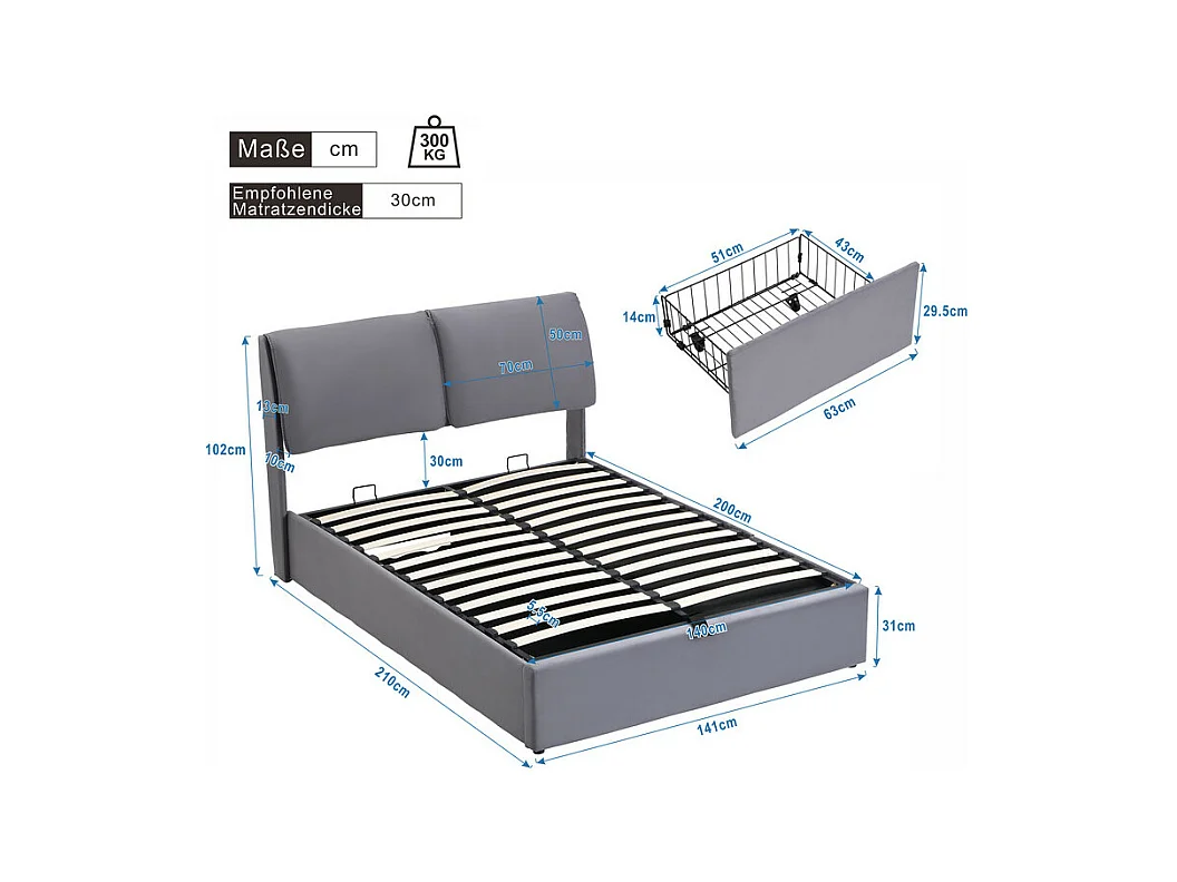 Lit coffre en velours gris, 140 x 200 cm, avec 3 tiroirs et tête de lit réglable, charge max 300kg
