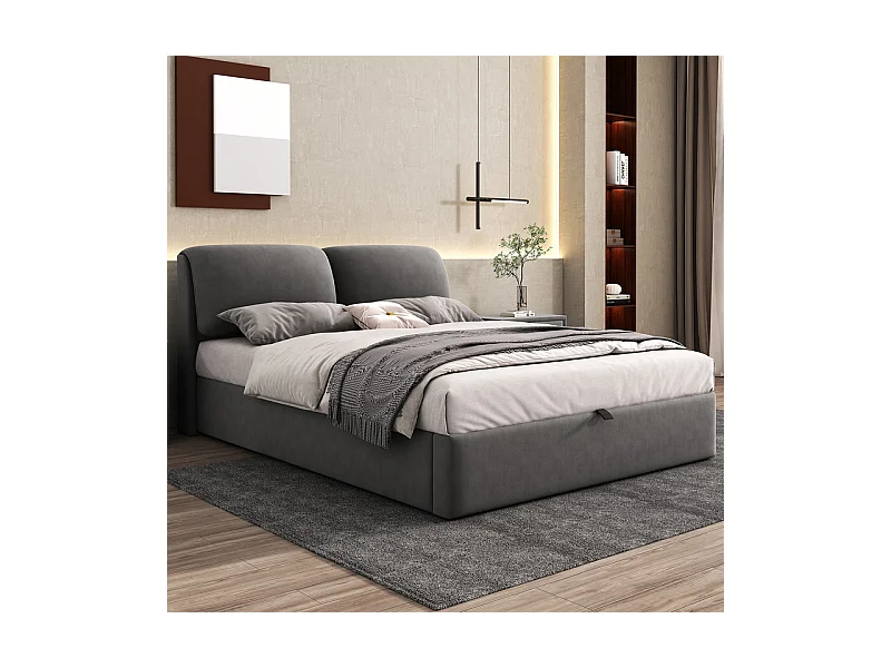 Lit coffre en velours gris, 140 x 200 cm, avec 3 tiroirs et tête de lit réglable, charge max 300kg