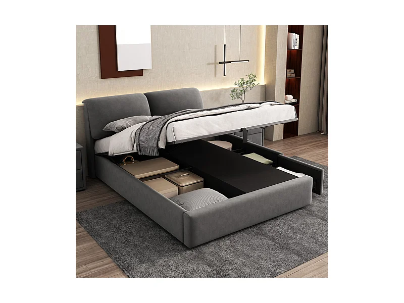 Lit coffre en velours gris, 140 x 200 cm, avec 3 tiroirs et tête de lit réglable, charge max 300kg