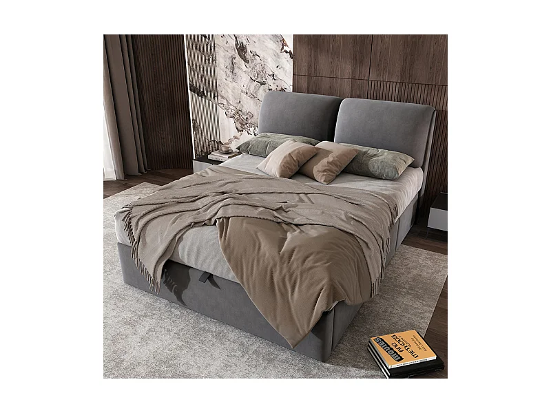 Lit coffre en velours gris, 140 x 200 cm, avec 3 tiroirs et tête de lit réglable, charge max 300kg