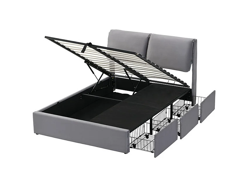 Lit coffre en velours gris, 140 x 200 cm, avec 3 tiroirs et tête de lit réglable, charge max 300kg