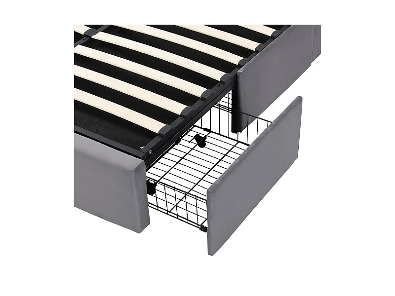 Lit coffre en velours gris, 140 x 200 cm, avec 3 tiroirs et tête de lit réglable, charge max 300kg