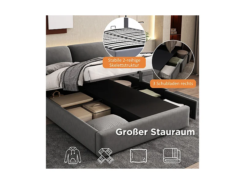 Lit coffre en velours gris, 140 x 200 cm, avec 3 tiroirs et tête de lit réglable, charge max 300kg