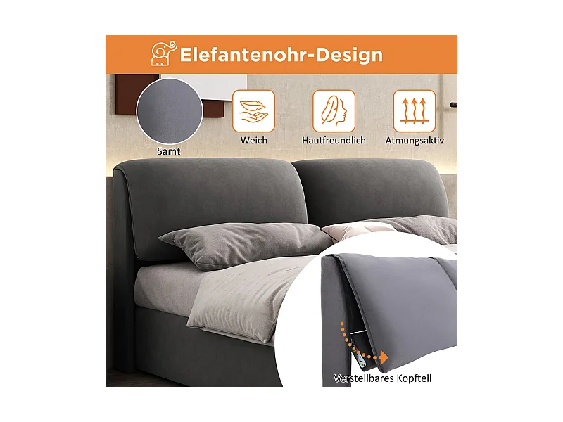 Lit coffre en velours gris, 140 x 200 cm, avec 3 tiroirs et tête de lit réglable, charge max 300kg