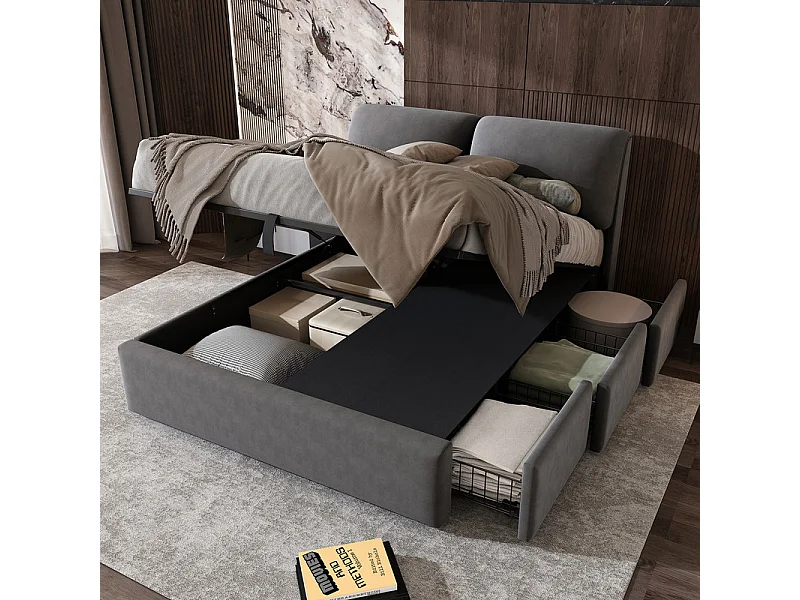 Cama nido en terciopelo gris, 140 x 200 cm, con 3 cajones y cabecero ajustable, carga máx. 300kg