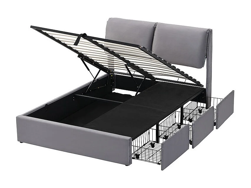 Cama nido en terciopelo gris, 140 x 200 cm, con 3 cajones y cabecero ajustable, carga máx. 300kg