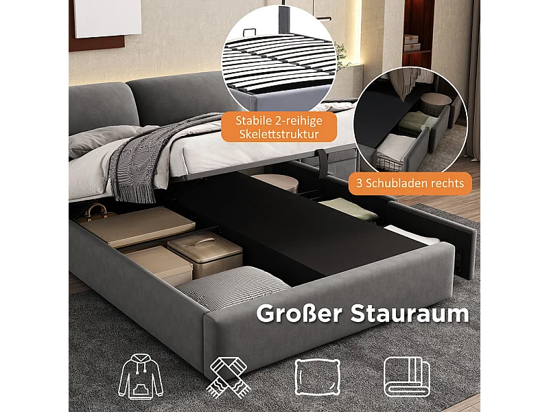 Cama nido en terciopelo gris, 140 x 200 cm, con 3 cajones y cabecero ajustable, carga máx. 300kg
