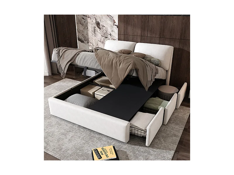 Cama baú em veludo branco, 140 x 190 cm, com 3 gavetas e cabeceira ajustável, carga máx. 300kg