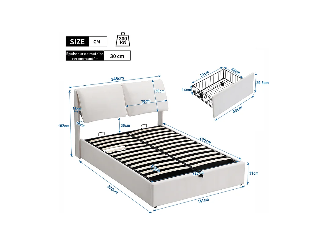 Cama baú em veludo branco, 140 x 190 cm, com 3 gavetas e cabeceira ajustável, carga máx. 300kg