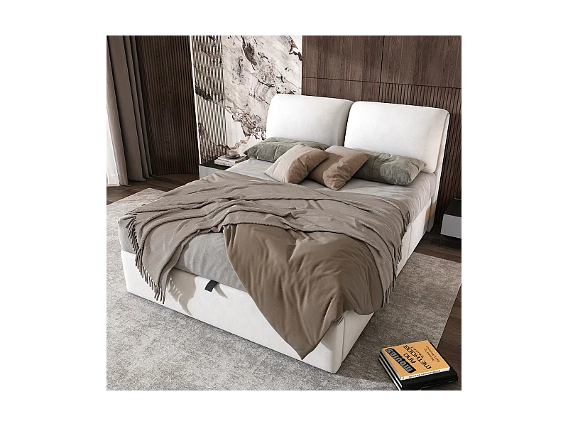 Cama baú em veludo branco, 140 x 190 cm, com 3 gavetas e cabeceira ajustável, carga máx. 300kg