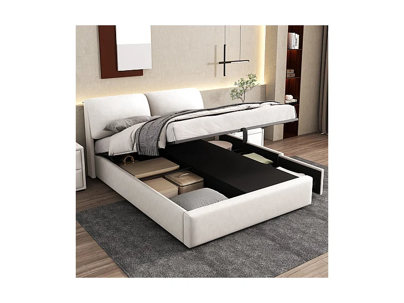 Cama baú em veludo branco, 140 x 190 cm, com 3 gavetas e cabeceira ajustável, carga máx. 300kg
