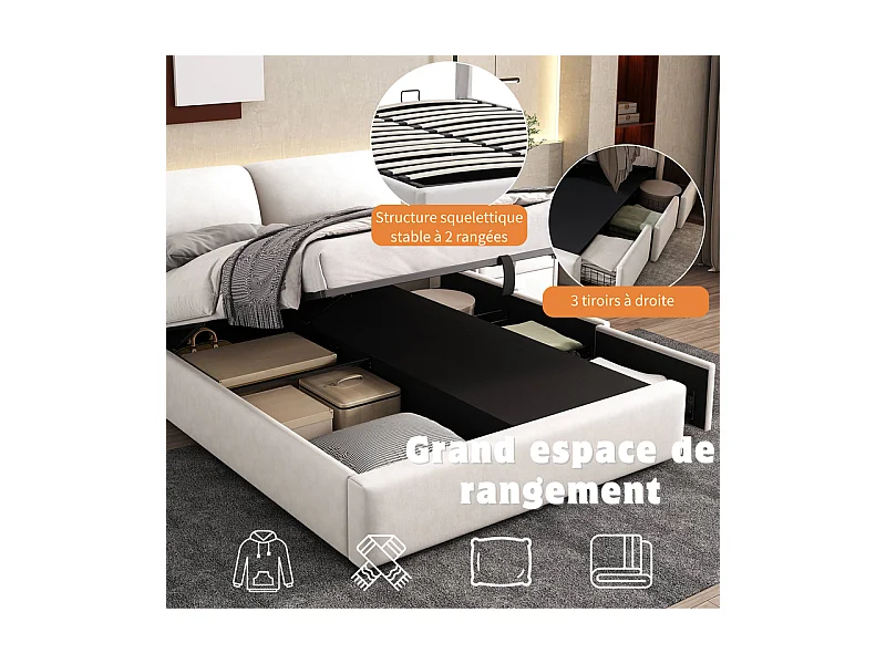 Cama baú em veludo branco, 140 x 190 cm, com 3 gavetas e cabeceira ajustável, carga máx. 300kg