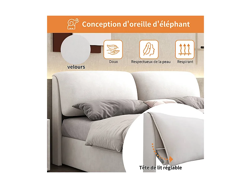 Cama baú em veludo branco, 140 x 190 cm, com 3 gavetas e cabeceira ajustável, carga máx. 300kg