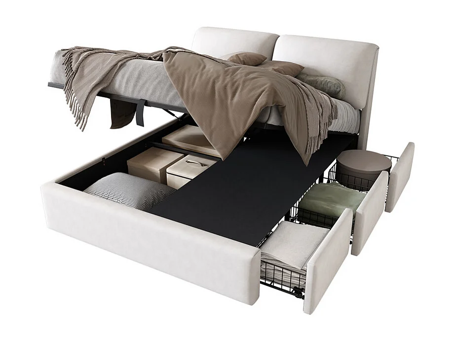 Opbergbed in wit fluweel, 140 x 190 cm, met 3 lades en verstelbare hoofdbord, max. belasting 300kg