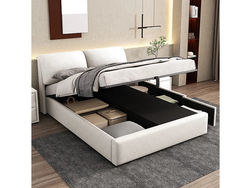 Opbergbed in wit fluweel, 140 x 190 cm, met 3 lades en verstelbare hoofdbord, max. belasting 300kg