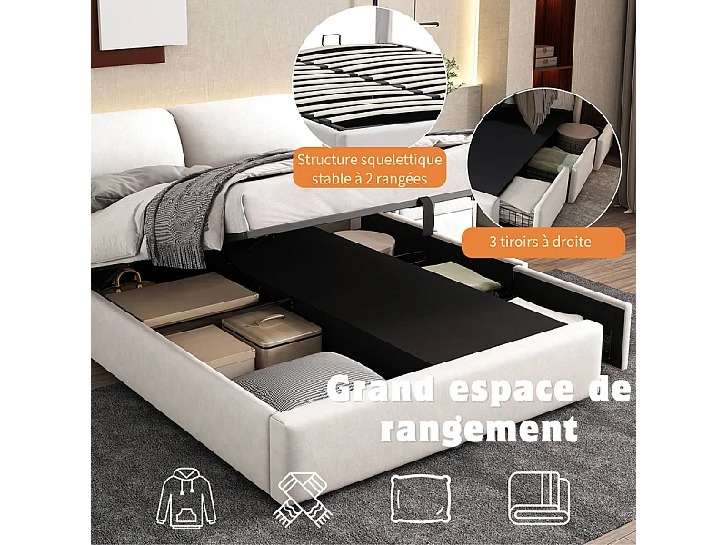 Opbergbed in wit fluweel, 140 x 190 cm, met 3 lades en verstelbare hoofdbord, max. belasting 300kg