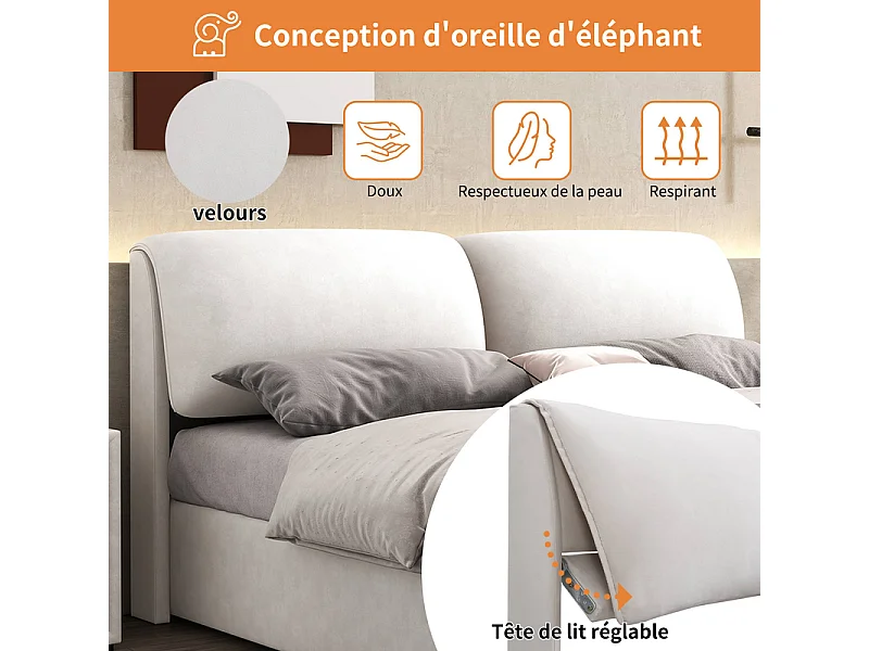 Lit coffre en velours blanc, 140 x 190 cm, avec 3 tiroirs et tête de lit réglable, charge max 300kg