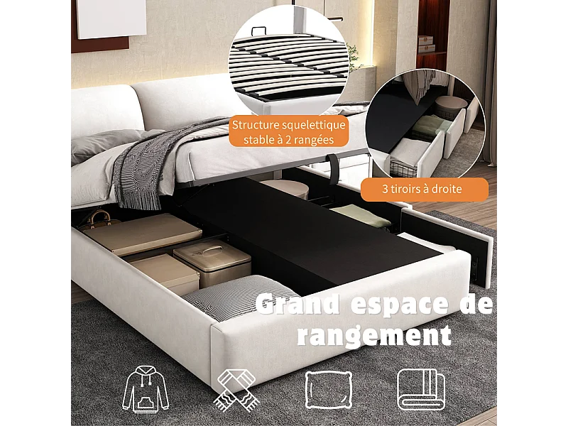 Cama nido en terciopelo blanco, 140 x 190 cm, con 3 cajones y cabecero ajustable, carga máx. 300kg