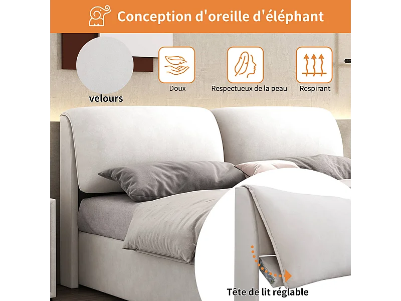 Cama nido en terciopelo blanco, 140 x 190 cm, con 3 cajones y cabecero ajustable, carga máx. 300kg