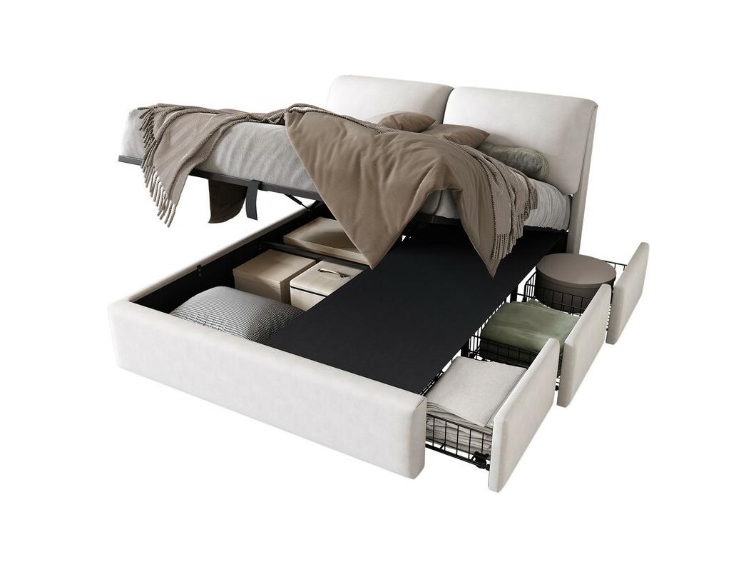 Opbergbed in wit fluweel, 140 x 190 cm, met 3 lades en verstelbare hoofdbord, max. belasting 300kg
