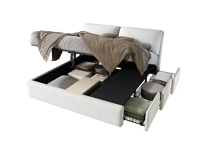 Cama baú em veludo branco, 180 x 200 cm, com 3 gavetas e cabeceira ajustável, carga máx. 300kg