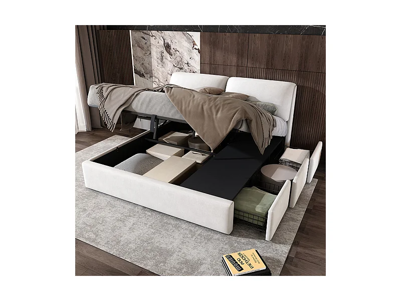 Cama baú em veludo branco, 180 x 200 cm, com 3 gavetas e cabeceira ajustável, carga máx. 300kg