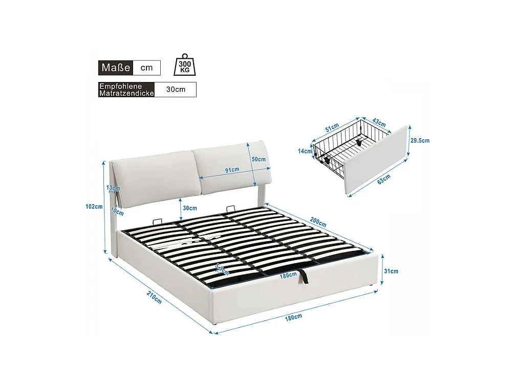 Cama baú em veludo branco, 180 x 200 cm, com 3 gavetas e cabeceira ajustável, carga máx. 300kg